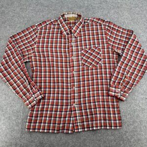Vintage Wedgefield Mens Plaid Button Down Shirt Red Orange Navy Size M